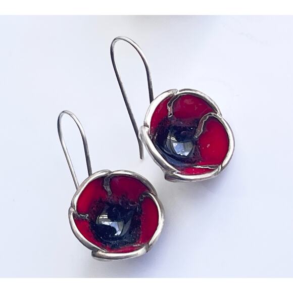 Red Poppy Flower RING & EARRINGS Set 925 Sterling Silver Adjustable Size - Picture 4 of 14